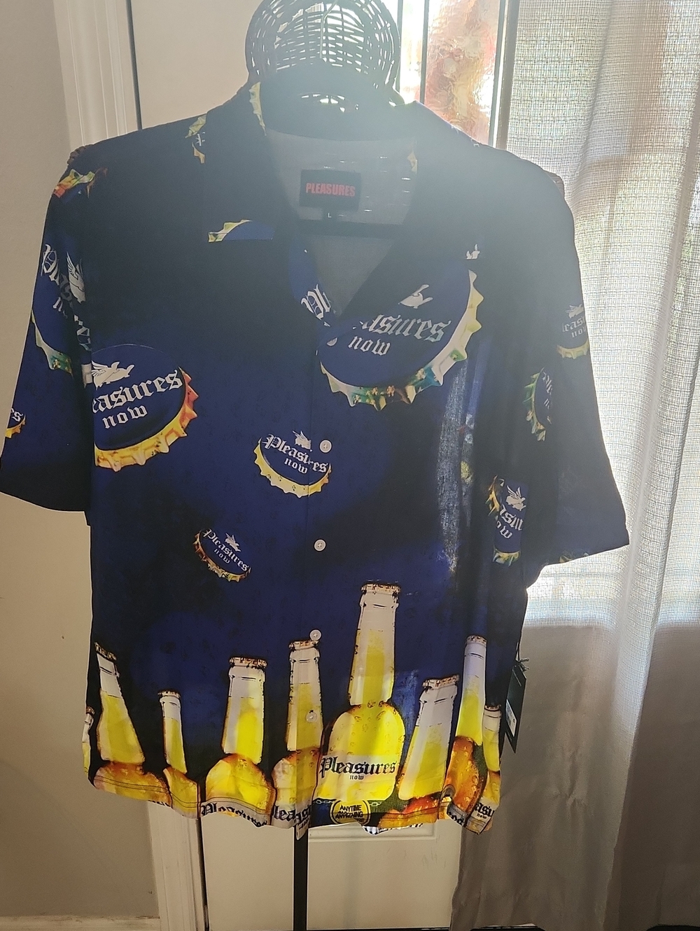 Pleasures Men's Blue Bottle-Print Short Sleeve Button-Down Shirt